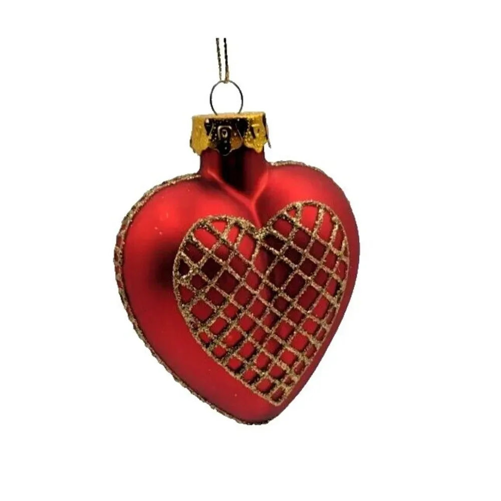 Red Heart Shaped Ornament with‎ Gold Glitter Net Design